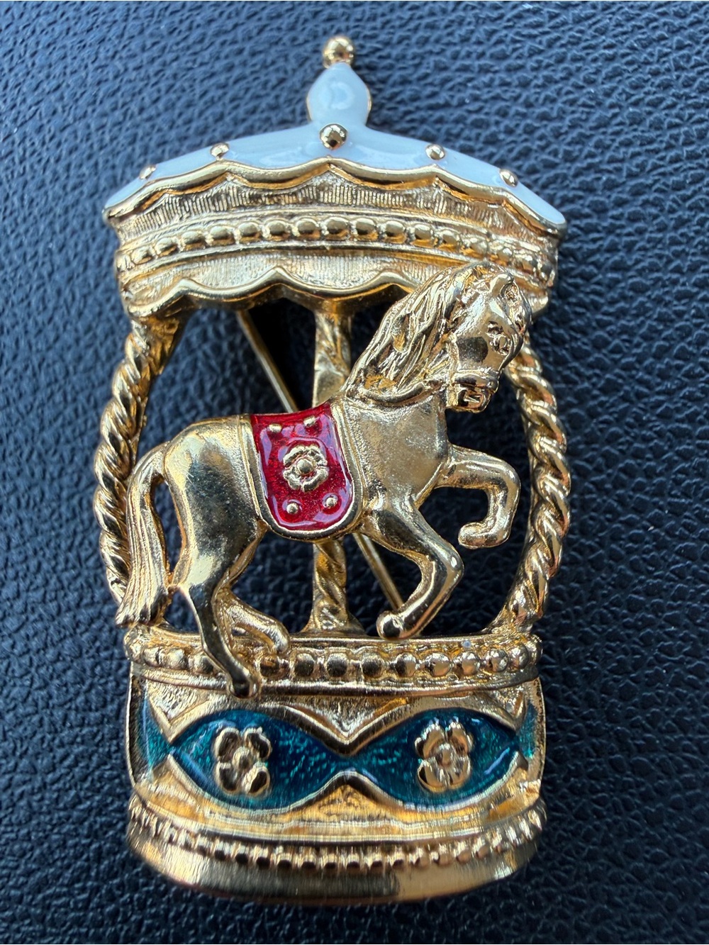 Vintage Trifari Carousel Horse Trembler Brooch, Enamel Gold Tone Signed